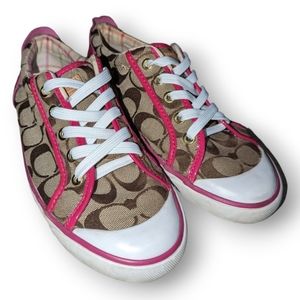 Woman's Pink and Tan Signature Low Top Designer Sneakers by Coach